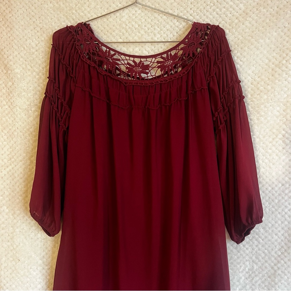 Halo Womens Dress Maroon Floral Crochet Dress Flowy Sz Medium - Picture 5 of 7